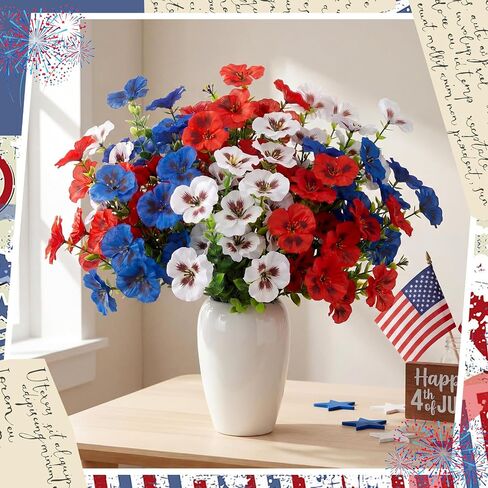 Hoteam 24 Pcs 4th of July Artificial Flowers 14 Inch Red Blue White Patriotic Pansy Flowers Picks 250th Anniversary Decoration Independence Day Fake Faux Silk Pansy for Outdoor Memorial Home Decor in Kuwait