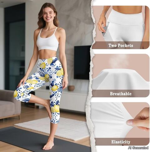 Women's Yoga Leggings Capri High Waist Yoga Pants with Pockets Tummy Control Leggings for Workout Running Plus Size in Saudi Arabia