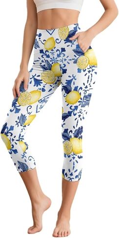 Women's Yoga Leggings Capri High Waist Yoga Pants with Pockets Tummy Control Leggings for Workout Running Plus Size in Saudi Arabia