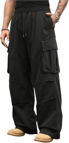 VIPWOLF Men's Baggy Cargo Pants Parachute Y2k Elastic Waist Drawstring Streetwear Fashion Casual Workout Track Pants in Kuwait