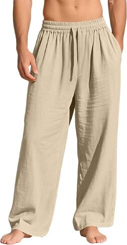 Men's Casual Linen Pants Summer Beach Lightweight Yoga Pant Elastic Waist Drawstring Pants in Saudi Arabia