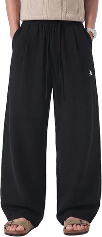 Mens Beach Pants Lightweight Old Money Wide Leg Pants Breathable Elastic Waist Drawstring Trousers Black Large in Saudi Arabia
