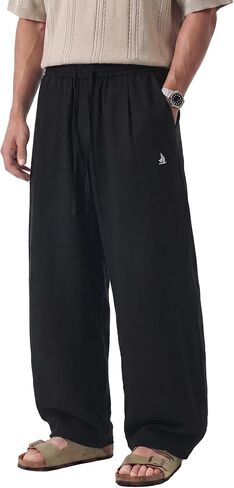 Mens Beach Pants Lightweight Old Money Wide Leg Pants Breathable Elastic Waist Drawstring Trousers Black Large in Saudi Arabia