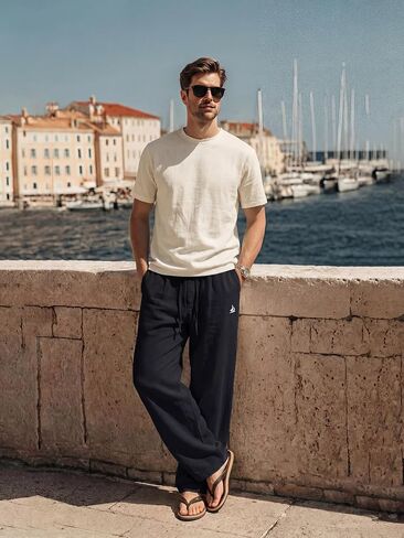 Mens Beach Pants Lightweight Old Money Wide Leg Pants Breathable Elastic Waist Drawstring Trousers Black Large in Saudi Arabia