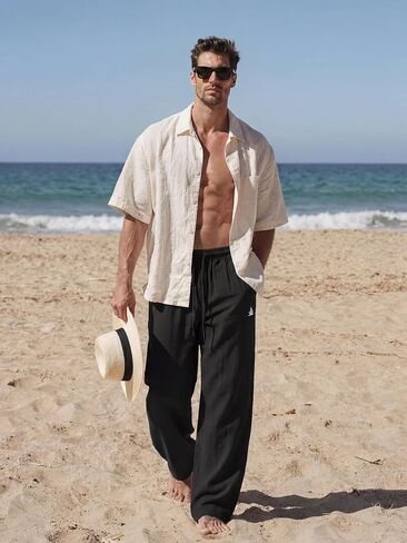 Mens Beach Pants Lightweight Old Money Wide Leg Pants Breathable Elastic Waist Drawstring Trousers Black Large in Saudi Arabia