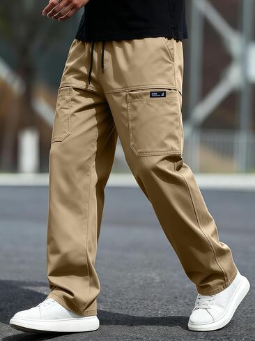 Men's Cargo Pants Loose Fit Straight Leg Drawstring Work Trousers Lightweight Casual Outdoor Pants with Multiple Pockets in Kuwait