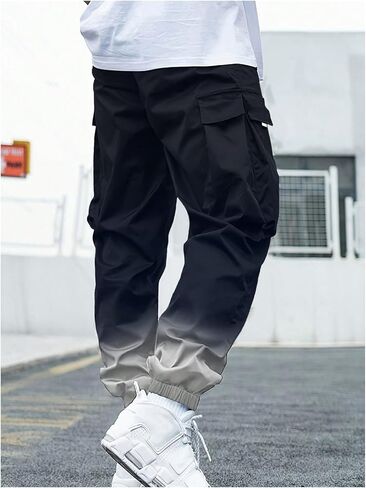 OYOANGLE Men's Cargo Joggers Ombre Drawstring Waist Workout Athletic Jogger Pants with Pocket Black X-Large in Kuwait
