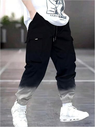 OYOANGLE Men's Cargo Joggers Ombre Drawstring Waist Workout Athletic Jogger Pants with Pocket Black X-Large in Kuwait