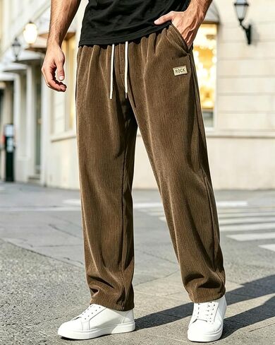 Men's Corduroy Pants Casual Baggy Pants Straight Baggy Sweatpants with Drawstring & Pockets for Work or Leisure in Kuwait