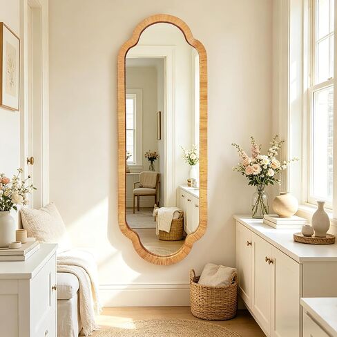 BAODANFU Full Length Rattan Mirror, Decorative Wall Mirrors of Hallway, Entryway, Long Scalloped 18 x 53 inch Dressing Mirror for Bedroom Vanity Walk-in Closet Living Dining Room in Saudi Arabia