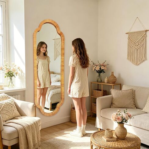 BAODANFU Full Length Rattan Mirror, Decorative Wall Mirrors of Hallway, Entryway, Long Scalloped 18 x 53 inch Dressing Mirror for Bedroom Vanity Walk-in Closet Living Dining Room in Saudi Arabia
