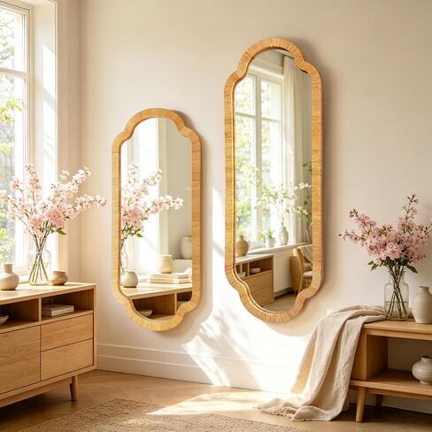 BAODANFU Full Length Rattan Mirror, Decorative Wall Mirrors of Hallway, Entryway, Long Scalloped 18 x 53 inch Dressing Mirror for Bedroom Vanity Walk-in Closet Living Dining Room in Saudi Arabia