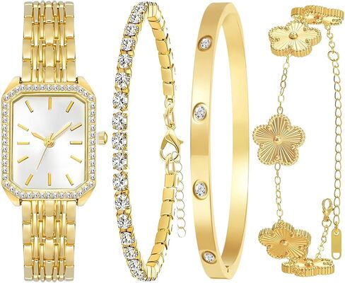 4 Pieces Women Gold Watch Bracelets Set Fashion Costume Jewelry Stainless Steel Gold Plated Square Wristwatch Diamond Bangle Bracelet Lucky Clover Bracelet Watch Jewelry Set for Women in Saudi Arabia