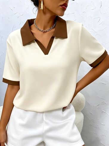 Women's V-Neck Multi-Color Patchwork Polo-Neck Short-Sleeved Shirt - Perfect for Daily wear in Kuwait