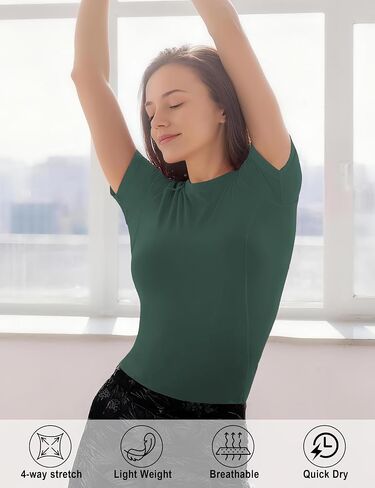 Women's Compression Shirt, Short Sleeve Workout Tops Athletic T-Shirts Quick Dry Gym Yoga Running Sports Base Layer Dark Green in Saudi Arabia