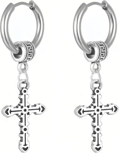 Dangle Small Cross Earrings For Men- Stainless Steel Vintage Hanging Huggie Hoops Cross Earrings Hypoallergenic Lightweight in Saudi Arabia