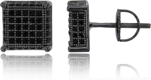 Sterling Silver Black Polished 9mm Micropave Black Cubic Zirconia Prong Square Screw-Back Stud Earring in Kuwait