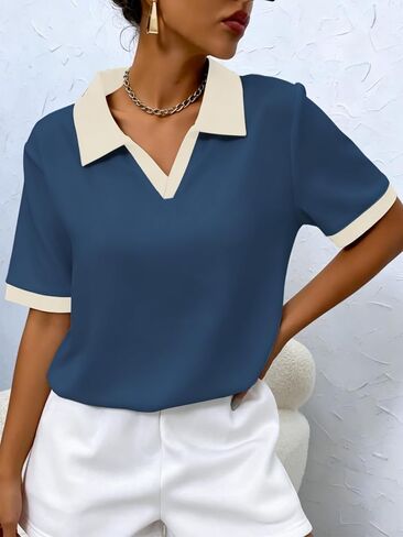 Women's V-Neck Multi-Color Patchwork Polo-Neck Short-Sleeved Shirt - Perfect for Daily wear in Kuwait