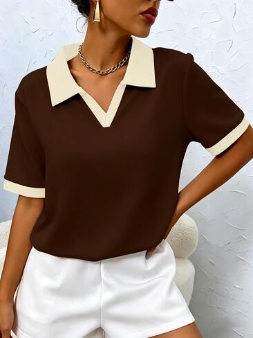 Women's V-Neck Multi-Color Patchwork Polo-Neck Short-Sleeved Shirt - Perfect for Daily wear in Kuwait