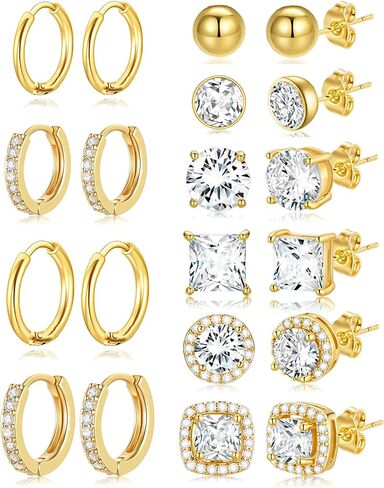 10 Pairs Cubic Zirconia Stud Earrings For Women Men Gold Silver Plated Stainless Steel Huggie Hoop Earrings Set Hypoallergenic Round Square Ball CZ Iced Out Halo Studs Hoops Cartilage Earring in Kuwait