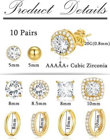 10 Pairs Cubic Zirconia Stud Earrings For Women Men Gold Silver Plated Stainless Steel Huggie Hoop Earrings Set Hypoallergenic Round Square Ball CZ Iced Out Halo Studs Hoops Cartilage Earring in Kuwait