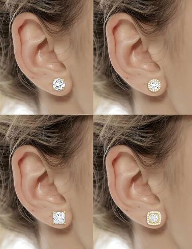 10 Pairs Cubic Zirconia Stud Earrings For Women Men Gold Silver Plated Stainless Steel Huggie Hoop Earrings Set Hypoallergenic Round Square Ball CZ Iced Out Halo Studs Hoops Cartilage Earring in Kuwait