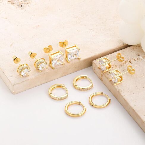 10 Pairs Cubic Zirconia Stud Earrings For Women Men Gold Silver Plated Stainless Steel Huggie Hoop Earrings Set Hypoallergenic Round Square Ball CZ Iced Out Halo Studs Hoops Cartilage Earring in Kuwait