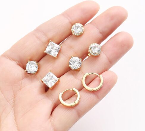 10 Pairs Cubic Zirconia Stud Earrings For Women Men Gold Silver Plated Stainless Steel Huggie Hoop Earrings Set Hypoallergenic Round Square Ball CZ Iced Out Halo Studs Hoops Cartilage Earring in Kuwait