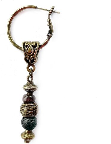 Bronze Hoop Beaded Men Earrings Wood Lava Rock Gemstone - Single Tribal Ethnic Pirate Dangle Dropm Earring for Man in Saudi Arabia