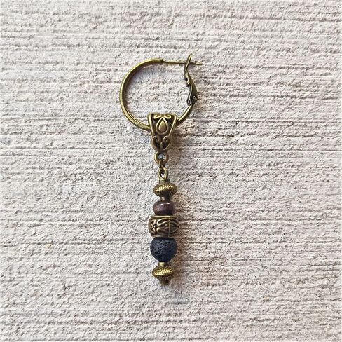 Bronze Hoop Beaded Men Earrings Wood Lava Rock Gemstone - Single Tribal Ethnic Pirate Dangle Dropm Earring for Man in Saudi Arabia