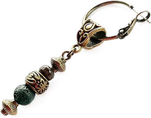 Bronze Hoop Beaded Men Earrings Wood Lava Rock Gemstone - Single Tribal Ethnic Pirate Dangle Dropm Earring for Man in Saudi Arabia