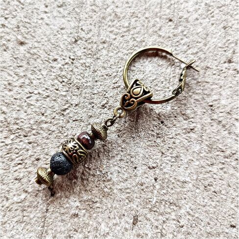 Bronze Hoop Beaded Men Earrings Wood Lava Rock Gemstone - Single Tribal Ethnic Pirate Dangle Dropm Earring for Man in Saudi Arabia