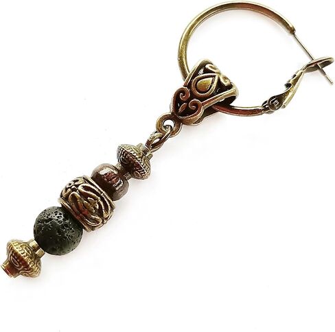 Bronze Hoop Beaded Men Earrings Wood Lava Rock Gemstone - Single Tribal Ethnic Pirate Dangle Dropm Earring for Man in Saudi Arabia