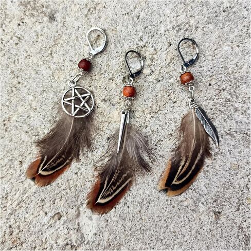 Native American Indian Silver Wood Feather Earring for Men - Single Pirate Style Man Earrings - Dangle Boho Men's Earring Single - Hippie Style Men's Earring in Saudi Arabia