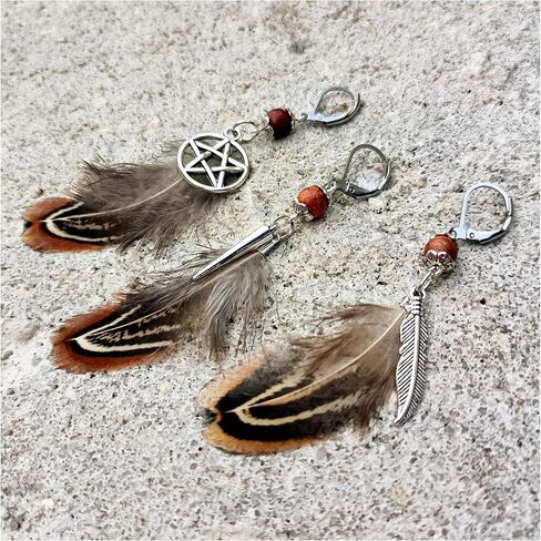 Native American Indian Silver Wood Feather Earring for Men - Single Pirate Style Man Earrings - Dangle Boho Men's Earring Single - Hippie Style Men's Earring in Saudi Arabia