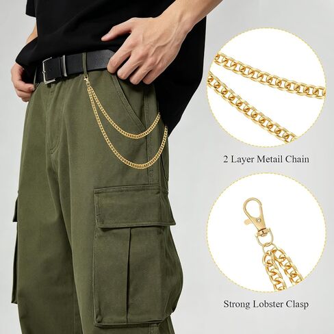 BLMHTWO 2 Pcs Jeans Chain Decorative Pocket Belt Layered Metal Pants Chains for Men Women to Wallet Jeans Accessories (Gold + Silver) in Kuwait