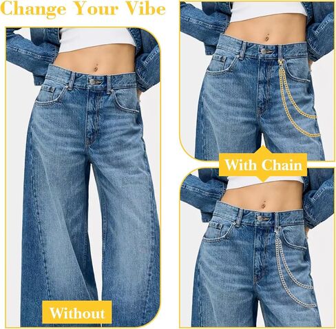 BLMHTWO 2 Pcs Jeans Chain Decorative Pocket Belt Layered Metal Pants Chains for Men Women to Wallet Jeans Accessories (Gold + Silver) in Kuwait