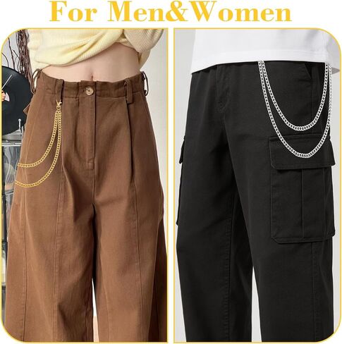 BLMHTWO 2 Pcs Jeans Chain Decorative Pocket Belt Layered Metal Pants Chains for Men Women to Wallet Jeans Accessories (Gold + Silver) in Kuwait