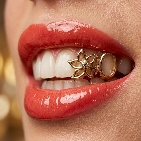 2PCS Flower Star Hollow Zircon Grillz for Men Women，Custom Fit Gold Silver Teeth Grillz, Fashionable Pimp Accessories with Silicone Tweezers in Kuwait