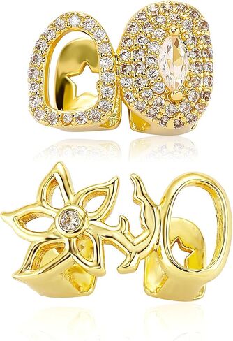 2PCS Flower Star Hollow Zircon Grillz for Men Women，Custom Fit Gold Silver Teeth Grillz, Fashionable Pimp Accessories with Silicone Tweezers in Kuwait
