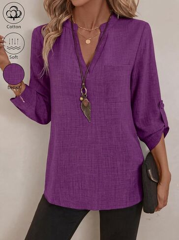 LUSMAY Women's Cotton Casual V Neck Shirt, Loose Fit Lightweight 3/4 Sleeve Blouse, Elegant Solid Color Office Work Top in Saudi Arabia