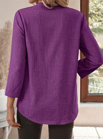 LUSMAY Women's Cotton Casual V Neck Shirt, Loose Fit Lightweight 3/4 Sleeve Blouse, Elegant Solid Color Office Work Top in Saudi Arabia