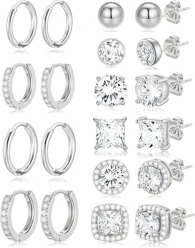 10 Pairs Cubic Zirconia Stud Earrings For Women Men Gold Silver Plated Stainless Steel Huggie Hoop Earrings Set Hypoallergenic Round Square Ball CZ Iced Out Halo Studs Hoops Cartilage Earring in Kuwait