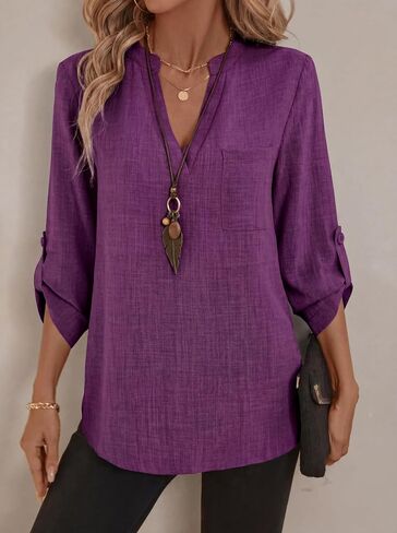 LUSMAY Women's Cotton Casual V Neck Shirt, Loose Fit Lightweight 3/4 Sleeve Blouse, Elegant Solid Color Office Work Top in Saudi Arabia