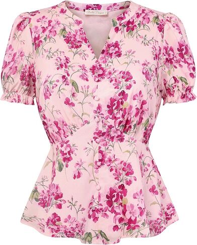 Belle Poque Floral Tops for Women 2026 Spring Summer Dressy Casual Blouses Short Sleeve Henley V Neck Shirts Peplum Tops in Kuwait