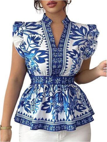 OYOANGLE Women's Boho Floral Print Peplum Blouse Notched V Neck Ruffle Cap Sleeve Vacation Shirt in Kuwait
