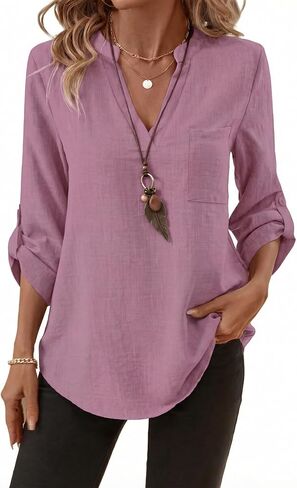 LUSMAY Women's Cotton Casual V Neck Shirt, Loose Fit Lightweight 3/4 Sleeve Blouse, Elegant Solid Color Office Work Top in Saudi Arabia