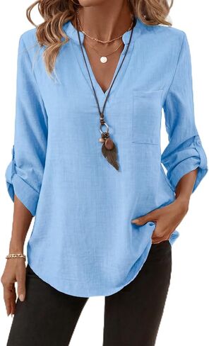 LUSMAY Women's Cotton Casual V Neck Shirt, Loose Fit Lightweight 3/4 Sleeve Blouse, Elegant Solid Color Office Work Top in Saudi Arabia