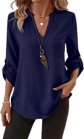 LUSMAY Women's Cotton Casual V Neck Shirt, Loose Fit Lightweight 3/4 Sleeve Blouse, Elegant Solid Color Office Work Top in Saudi Arabia