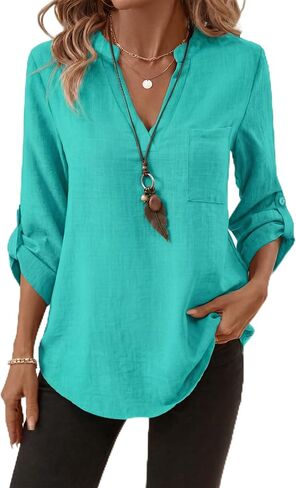 LUSMAY Women's Cotton Casual V Neck Shirt, Loose Fit Lightweight 3/4 Sleeve Blouse, Elegant Solid Color Office Work Top in Saudi Arabia